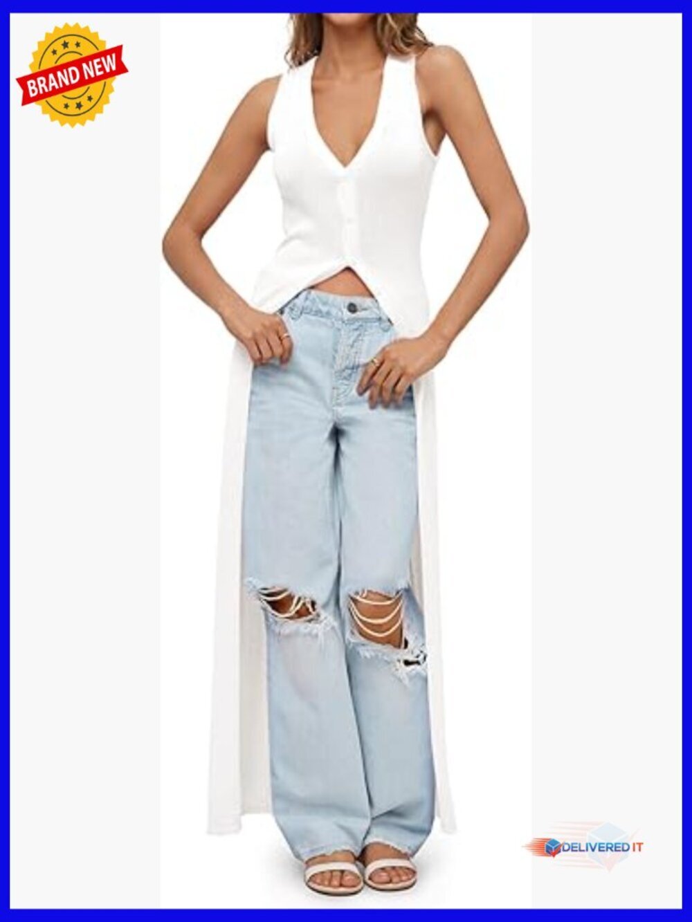 Sleeveless V-Neck Button Long Cardigan Duster Vest Lightweight Knit Beach Cover